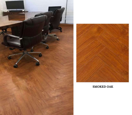 A conference room featuring laminate herringbone flooring and wooden chairs, creating a professional and inviting atmosphere