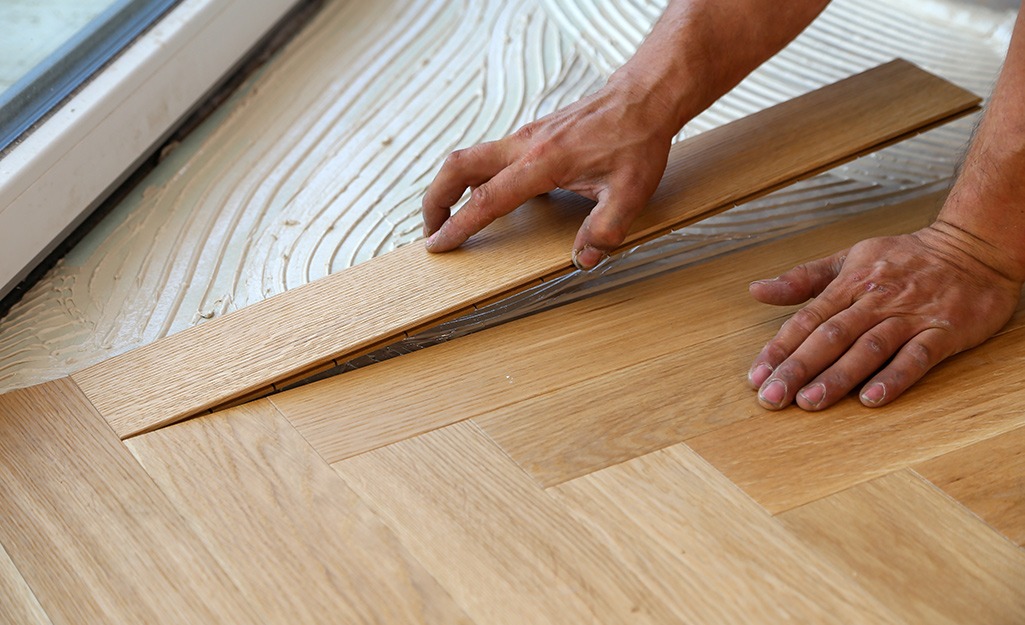 Engineered wooden floor installation, chevron flooring