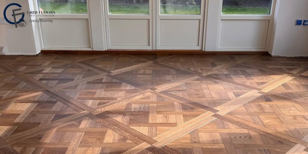 Engineered hardwood flooring featuring a distinctive pattern on a polished wooden surface