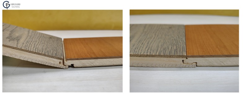Two images showcasing different types of engineered wood flooring with a locking mechanism.