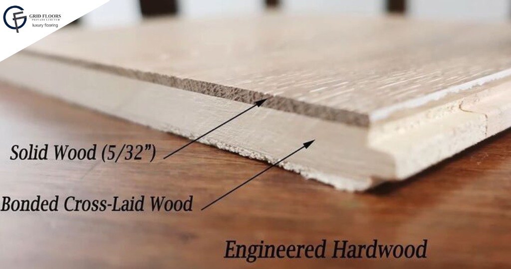 Image of wood samples labeled solid wood and engineered hardwood, showcasing the top layer and three layers of engineered hardwood