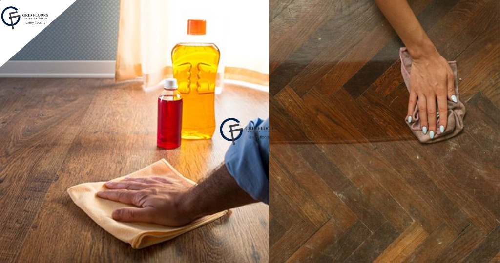 A person cleaning engineered wood flooring with a cloth, focusing on oiling and maintenance for a polished finish